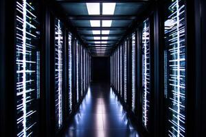 Illuminated corridor in a data center showcasing advanced technology at night photo