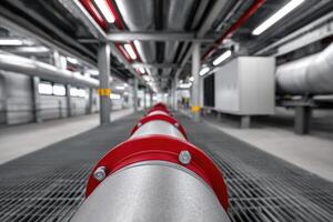 Duct system with red fittings above racks in a thermal processing area during daylight hours photo