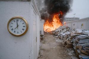 Stacks of work engulfed in flames while time stands still with melting clocks photo
