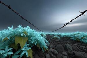 Garden of bioluminescent plants with unique silver soil under a twilight sky photo
