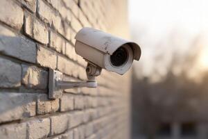 Security camera mounted on brick wall monitors surroundings at sunset near urban area photo
