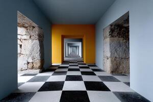 Confusing perspectives of shifting walls and floors create optical illusions indoors photo