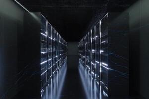 Illuminated dark aisle in a modern data center showcasing server architecture and technology photo