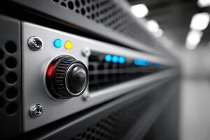 View of a fully equipped data center rack with active indicators and controls photo