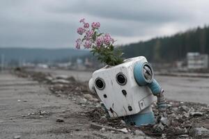 Watering flowers growing unexpectedly on a crumbled highway in a desolate landscape photo