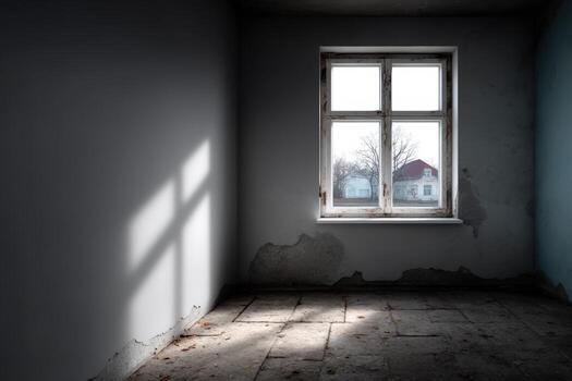 Empty room with gray walls and a single window casting shadows on the floor photo