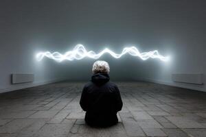 Artist sculpting emotions through visual light display in immersive gallery space photo