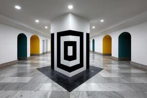 Confusing architectural design with shifting walls and floors in a contemporary space photo