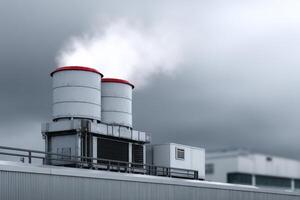 Cooling unit operates on rooftop of data facility under overcast sky photo