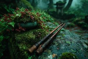 Resting wooden wands on a moss-covered rock in a tranquil forest setting photo