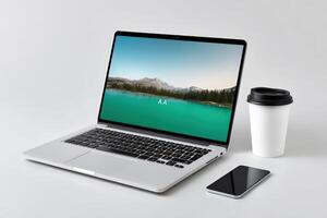 Laptop with AI interface on a white table near a coffee cup and smartphone photo