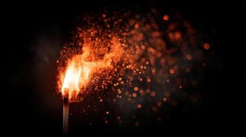 Realistic flickering flame burning at the tip of a matchstick against a dark background photo
