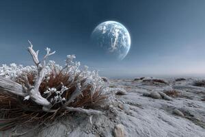 Garden with bioluminescent plants under a large planet in the sky at dusk photo