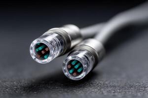 Macro view of LC fiber connectors illuminated for detailed inspection and analysis photo