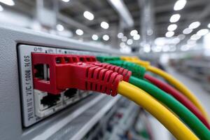 Macro view of colored copper jumpers connected in a network cross-connect setup photo