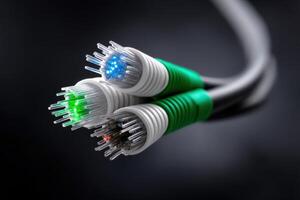 Fiber optic patch cords emit colorful light in a dark environment, showcasing advanced technology photo