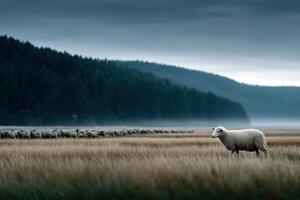 Sheep grazing peacefully on green grass in a tranquil landscape photo