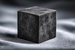 Metal cube covered in velvet with sharp edges sitting on soft fabric background photo