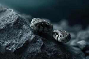 Wireless earbuds creatively arranged like a snake on a textured surface at night photo