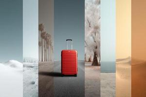 Red suitcase stands out in diverse landscapes captured across various settings photo