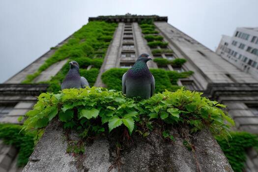 Skyscraper overtaken by moss with pigeons perched on overgrown ledge photo