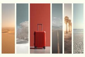Red suitcase against varied landscapes highlighting travel experiences and destinations photo