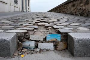 Street made from photo fragments creating unique urban art display