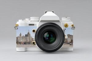 Camera cut in half reveals intricate cityscape with detailed architecture and urban life photo