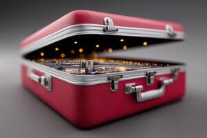 Unique cross-section of a suitcase revealing a tiny vibrant city landscape with lights photo