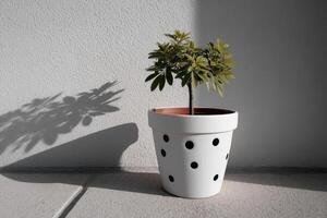 Leaves shaped like cameras sprout from a decorative pot on a bright surface photo