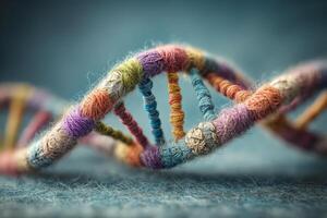 Colorful stitched threads form a detailed representation of a DNA helix structure photo