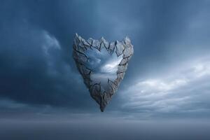 Cracked mirror shaped like a shield floating under an overcast sky at dusk photo