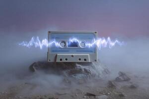 Glowing cassette tape hovers mystically above an ancient rock in a foggy landscape at dusk photo