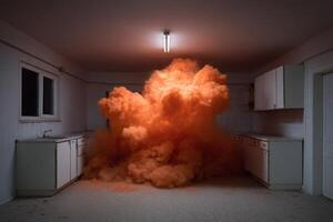 Kitchen filled with anger as objects explode in vibrant orange cloud photo