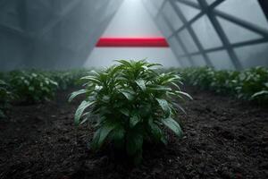 Growing plants in a glowing space dome on Mars during a serene moment photo