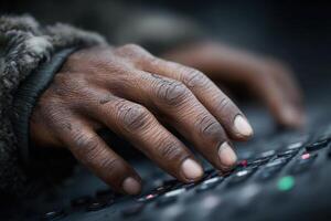Fingers engaged with tactile interface buttons and sliders in a focused moment of interaction photo
