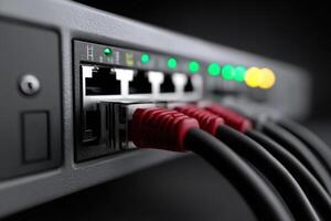 Network switch with active connections and indicators illuminated in a dark setting photo