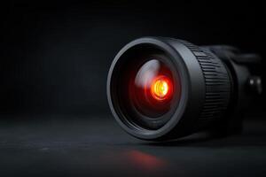 Night vision CCTV lens glowing with a vivid red light captures moments in total darkness photo