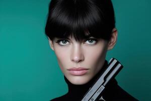 Intense gaze of a female character in a noir-style thriller set against a vibrant background photo