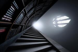 Endless bookshelves spiral upward in a dimly lit, atmospheric library space photo