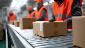 Workers assemble cardboard boxes on a production line in a bustling factory environment photo