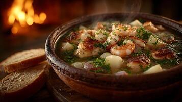 Steaming Seafood Stew in Rustic Clay Pot with Bread Cozy Fireplace Background photo
