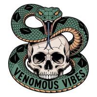 Skull with a venomous snake coiled around it. vector