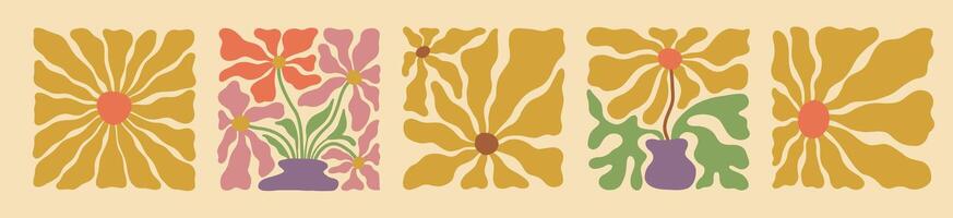 Groovy wave pattern with retro floral elements vector