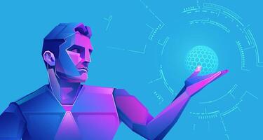 concept of VR virtual reality technology or quantum computing, graphic of futuristic man using interface vector