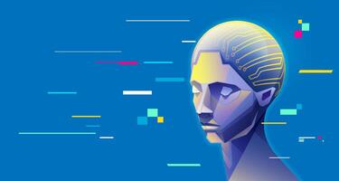 AI artificial intelligence head presented in cyberpunk vivid colour vector