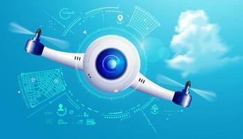 concept of surveillance drone technology, graphic of millitary drone with robotic eye flying with sky background vector