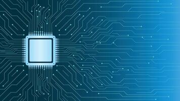 A blue gradient technology background featuring a stylized microchip and circuitry design, perfect for innovation, AI, data, electronics, and cybersecurity projects. vector