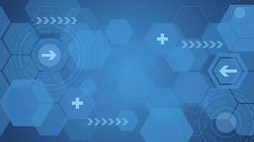 A vibrant blue abstract background featuring a futuristic hexagonal pattern with arrows, circular elements, and plus symbols. Ideal for technology, business, or creative projects. vector