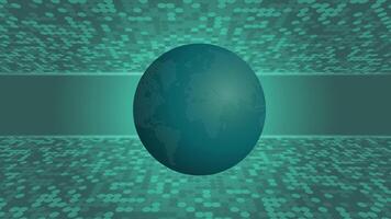 Stylized teal green globe with dotted continents in a circular digital environment serves as a tech backdrop ideal for technology, business and creative uses such as presentations. vector